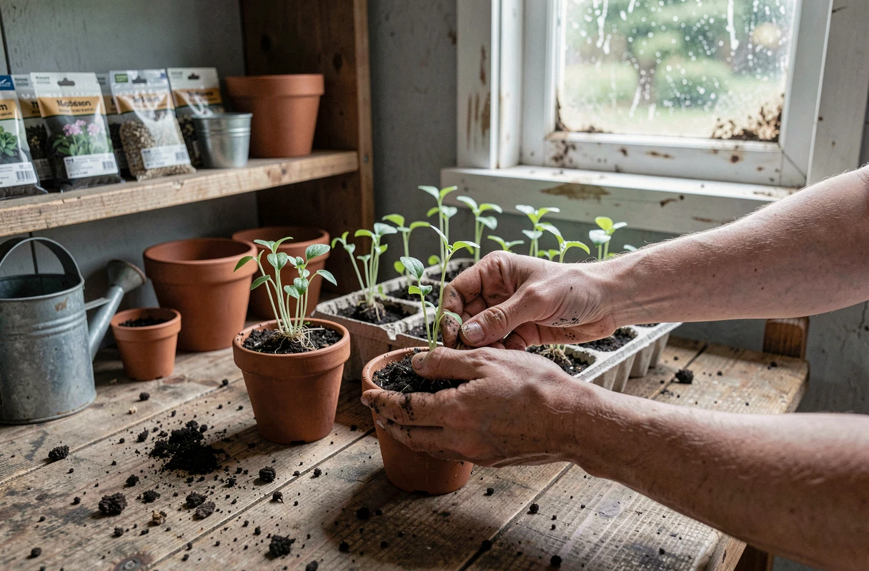 Mains transplantant de jeunes plants d'herbes aromatiques dans des pots en terre cuite sur un établi de jardinage
