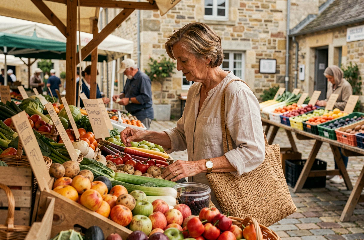 Femme faisant ses courses au marché hebdomadaire d'une petite commune française, entourée d'étals de légumes frais et de façades en pierre