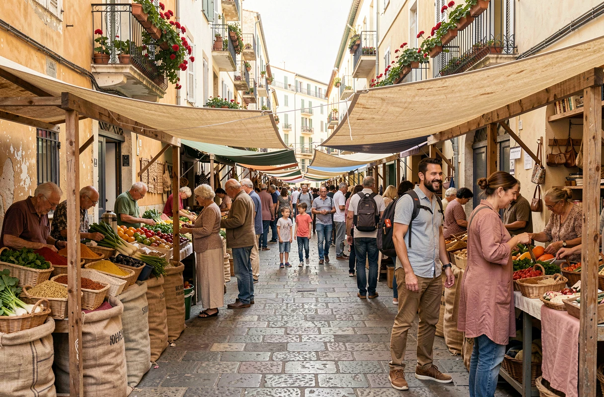 Marché animé du quartier du Panier à Marseille avec des touristes et des habitants se côtoyant autour des étals de produits locaux