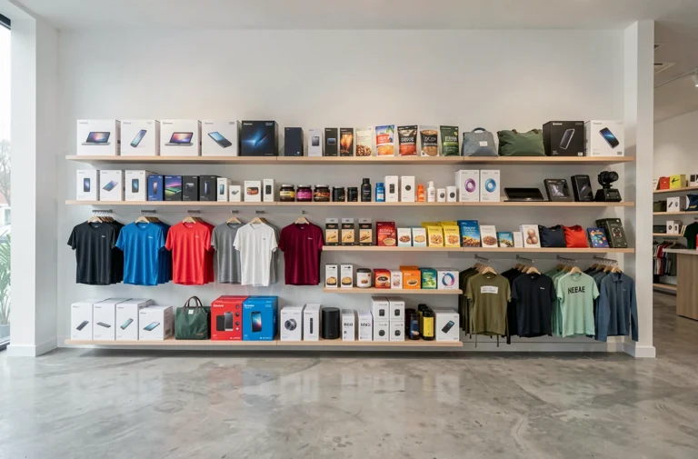 Sélection de produits de grandes marques commençant par N exposés dans un concept store moderne