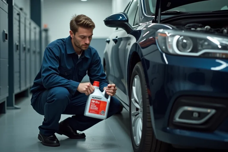 Mécanicien versant de l'huile moteur 5W-50 dans le compartiment moteur d'une voiture moderne dans un garage propre