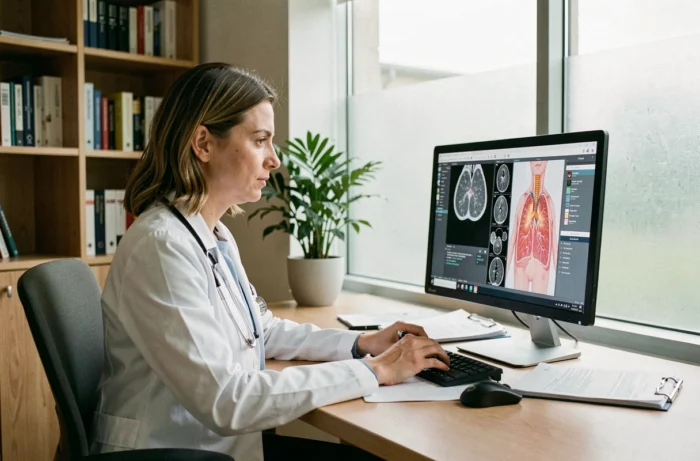 Médecin analysant des résultats médicaux liés à la rétention de liquide et à l'anasarque sur un écran d'ordinateur