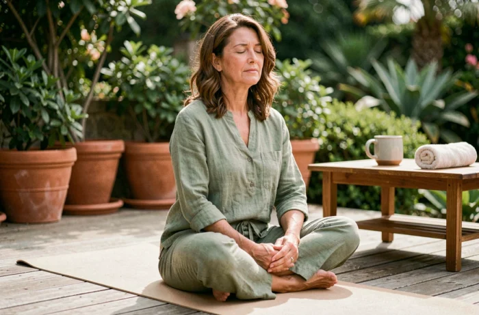 Femme en méditation sur un tapis de yoga en terrasse extérieure, bien-être et santé mentale au quotidien