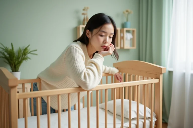 Mère examinant un lit bébé en bois naturel dans une chambre de bébé décorée en style scandinave