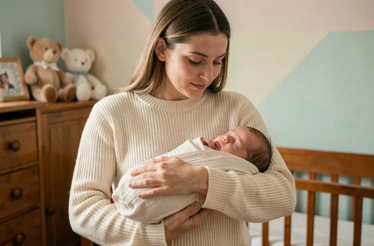Jeune mère tenant son nouveau-né endormi dans une chambre de bébé cosy avec mobilier en bois naturel