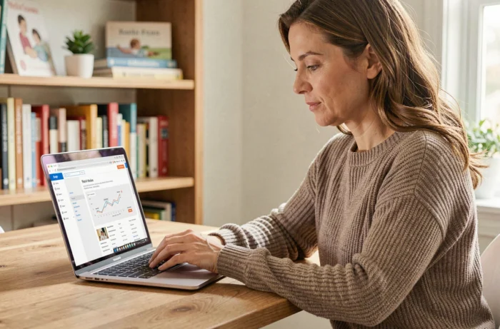 Mère consultant un sitemap de site parental sur son ordinateur portable dans un bureau à domicile organisé