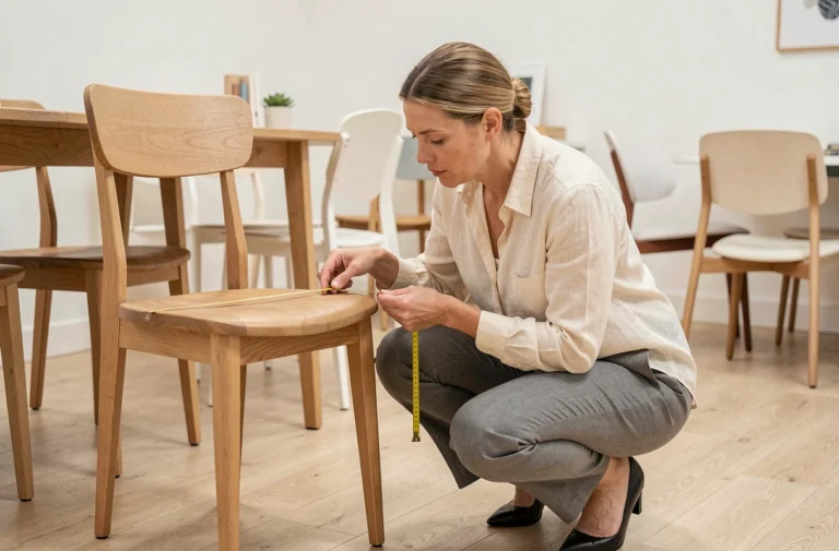 Designer mesurant la hauteur d'assise d'une chaise en bois dans un showroom scandinave