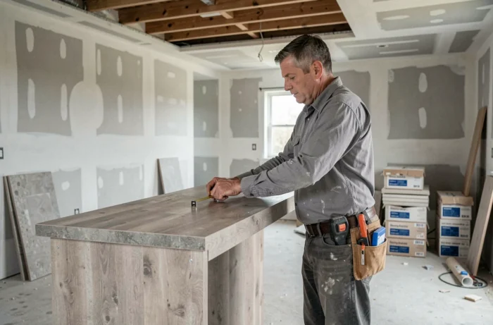 Artisan mesurant la hauteur d'un plan snack en cours d'installation dans une cuisine en rénovation
