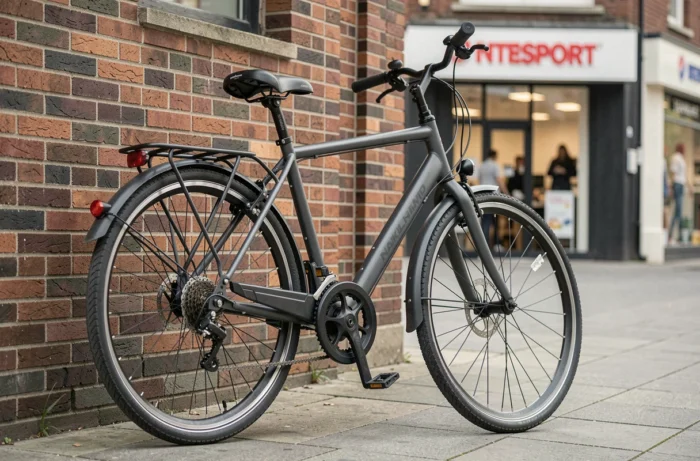 Vélo urbain Nakamura en aluminium mat appuyé contre un mur de briques devant un magasin Intersport