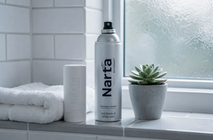 Déodorant Narta stick et spray posés sur une étagère de salle de bain blanche et épurée