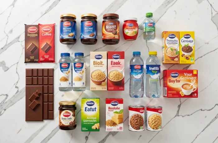 Flat-lay de produits alimentaires Nestlé incluant chocolat, café et céréales sur marbre blanc