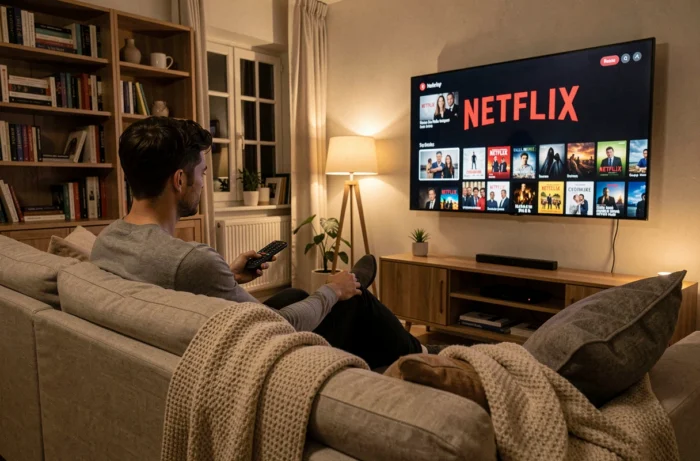 Personne naviguant sur l'interface Netflix depuis un canapé dans un salon moderne et cosy