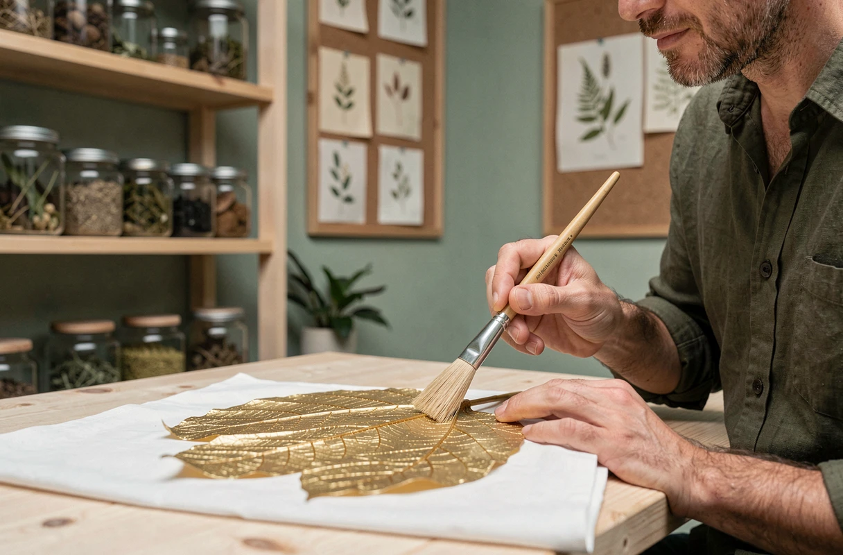 Artisan nettoyant délicatement un spécimen botanique en or végétal avec un pinceau doux dans un atelier