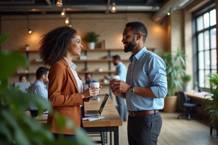 Deux professionnels de cultures différentes échangeant des cartes de visite dans un espace de coworking moderne lors d'un événement de networking