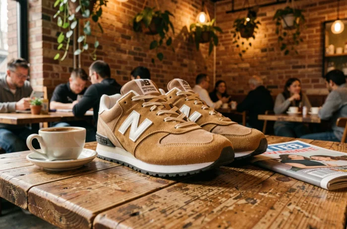 Paire de sneakers New Balance 574 en daim posée sur une table de café au style urbain cosy