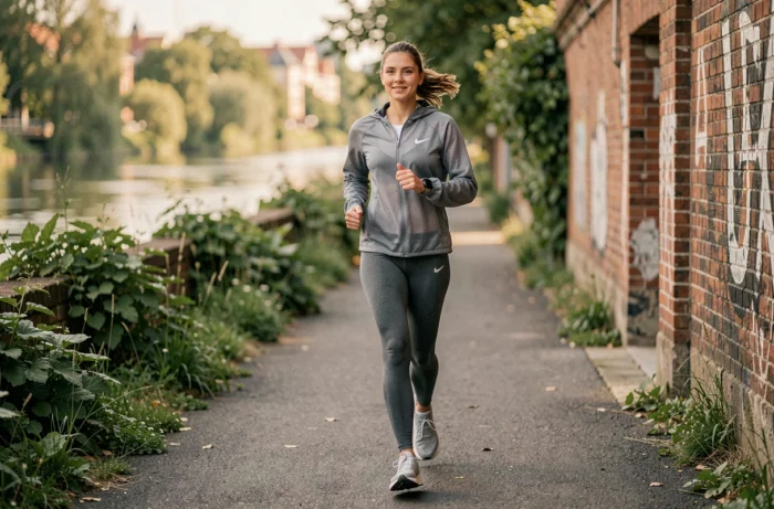 Femme portant une tenue Nike en matières recyclées lors d'un jogging en bord de rivière urbaine