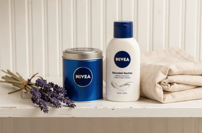 Boîte bleue Nivea et lotion corporelle disposées sur une étagère de salle de bain blanche et épurée