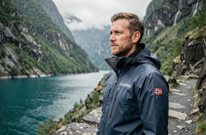 Homme portant une veste technique Norrøna sur un sentier de fjord norvégien avec paysage montagneux