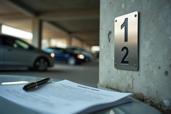 Numéro de place de parking en copropriété avec document juridique illustrant le droit de jouissance