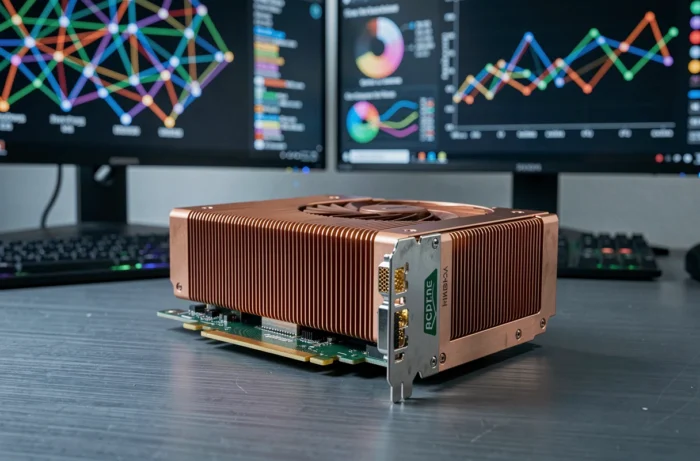 Carte graphique Nvidia posée sur un bureau tech moderne avec visualisation d'intelligence artificielle en arrière-plan