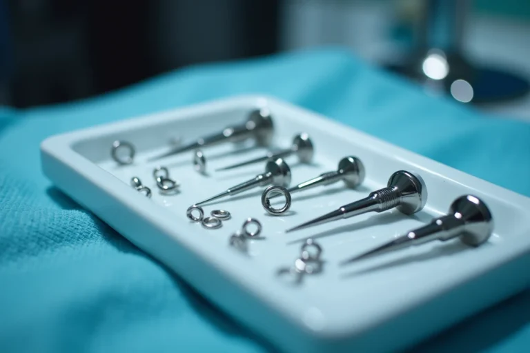 Plateau d'outils de piercing stériles dans un studio professionnel avec bijoux en titane et matériel chirurgical