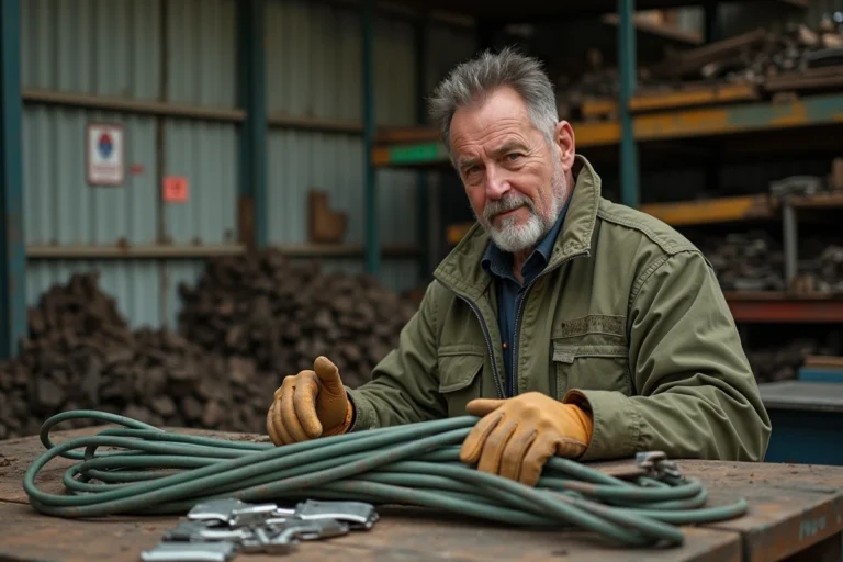 Ouvrier inspectant des câbles en cuivre et des ferrailles dans un centre de recyclage Derichebourg avant une vente de métaux