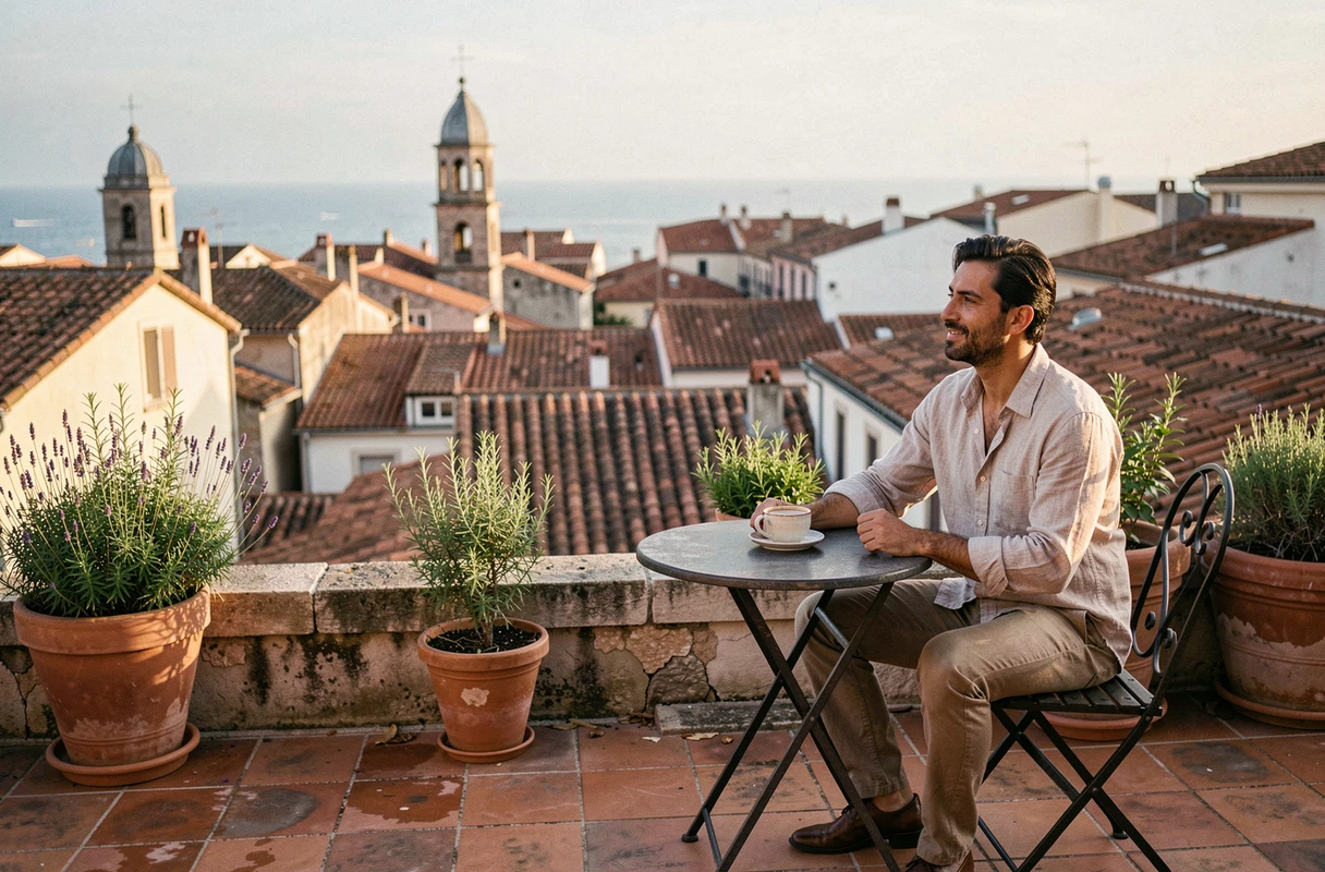 Homme contemplant le panorama des toits du Panier depuis une terrasse à Marseille avec vue sur la mer Méditerranée