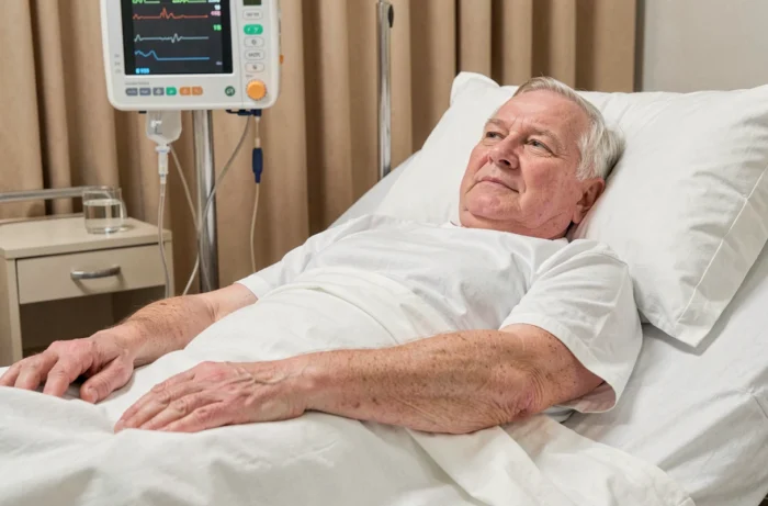 Patient hospitalisé présentant un gonflement généralisé des membres supérieurs caractéristique de l'anasarque