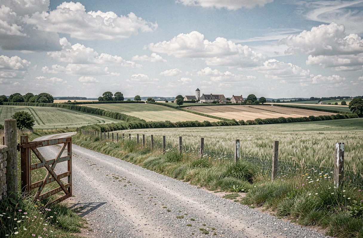 Paysage agricole verdoyant autour de la commune de Valbréon avec champs cultivés, haies bocagères et fermes traditionnelles françaises à l'horizon