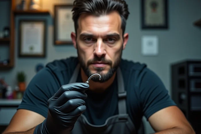 Perceur professionnel en gants noirs examinant un bijou de piercing courbe dans son studio certifié