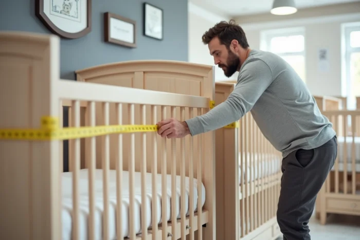 Père mesurant l'intérieur d'un lit bébé en magasin pour choisir la bonne taille
