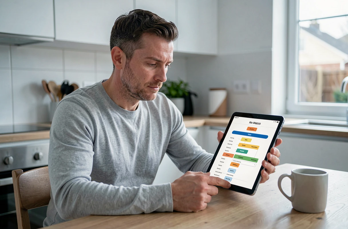 Père parcourant le plan de navigation d'un site pour parents sur une tablette dans une cuisine moderne
