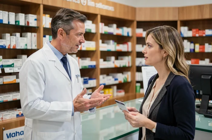 Pharmacien conseillant une patiente sur sa couverture complémentaire santé au comptoir d'une pharmacie
