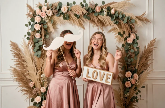 Deux demoiselles d'honneur riant dans un photobooth de mariage décoré avec des accessoires originaux et un décor floral séché