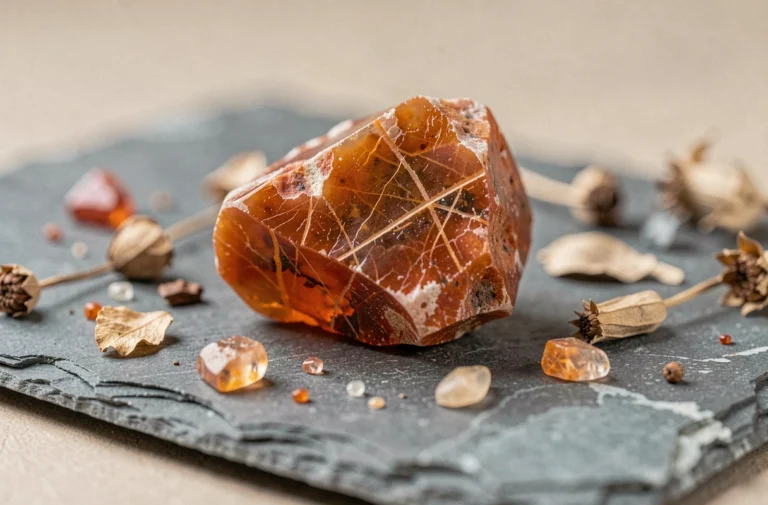 Pierre orange brute de type cornaline posée sur une ardoise grise avec des fragments minéraux et plantes séchées en macro