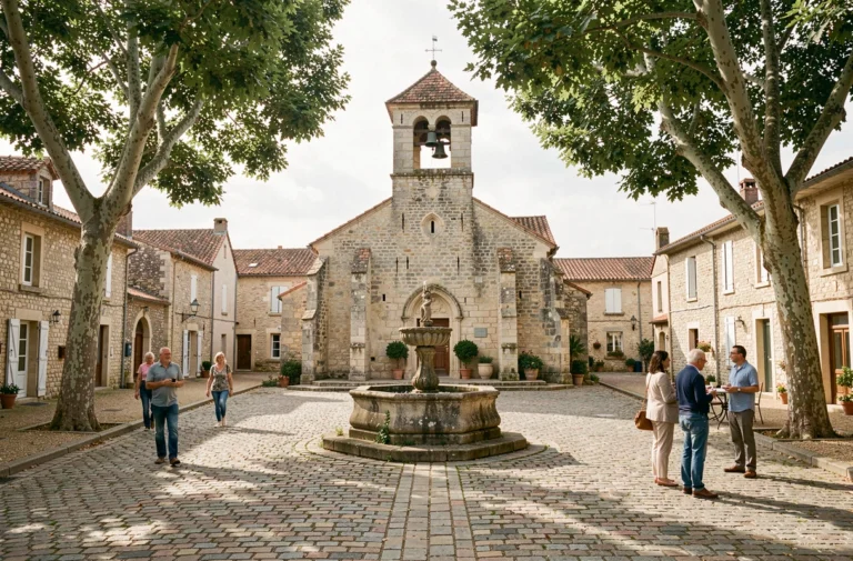 Place centrale d'un village français typique avec une église en pierre, une fontaine ancienne et des habitants se promenant, illustrant la vie locale à Valbréon