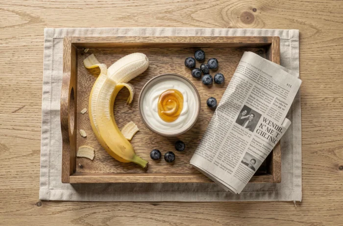 Plateau petit déjeuner avec une banane coupée, yaourt et myrtilles en vue du dessus