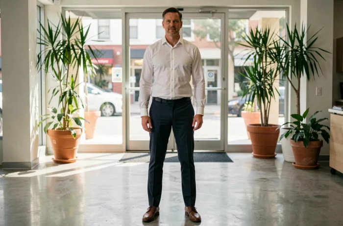 Un homme adopte une posture ouverte et ancrée dans le hall lumineux d'un immeuble de bureaux moderne