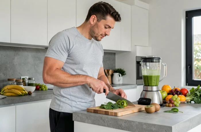 Homme préparant un smoothie vert dans une cuisine moderne, alimentation saine pour prendre soin de sa santé au quotidien