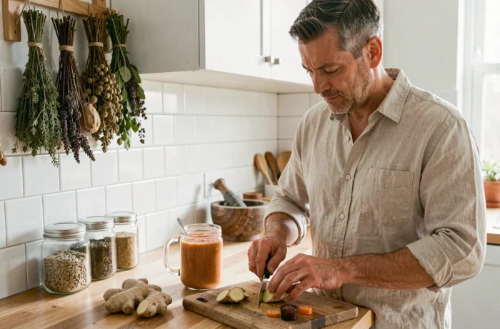 Homme préparant une tisane aux herbes naturelles et un smoothie dans une cuisine moderne pour soutenir son bien-être quotidien