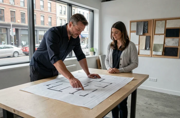 Professionnel de la décoration présentant un plan d'aménagement intérieur à une cliente dans un studio de design moderne