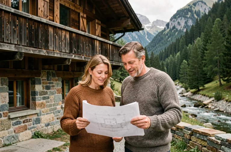 Couple examinant les plans de leur projet immobilier devant un chalet savoyard traditionnel en pierre et bois dans un cadre alpin