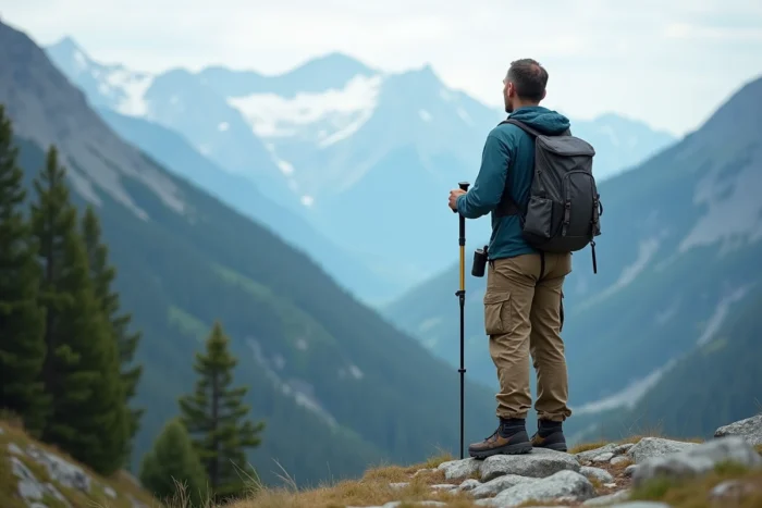 Randonneur contemplant un panorama de vallée alpine depuis une crête rocheuse en montagne
