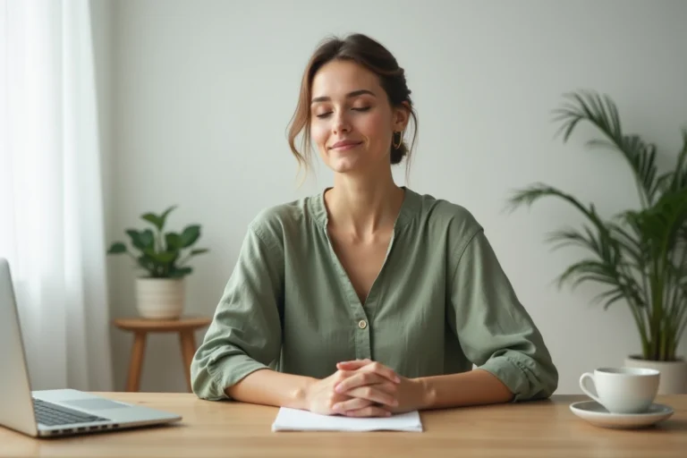 Femme assise seule à son bureau, les yeux fermés, dans une pause de repos symbolisant le burn-out professionnel