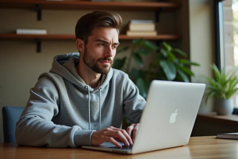 Homme cherchant la nouvelle adresse d'un site de téléchargement sur son ordinateur portable à domicile