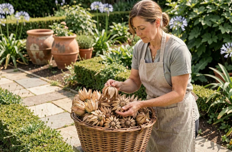 Femme jardinière récoltant des fleurs fanées d'agapanthe dans un panier en osier pour les recycler au jardin