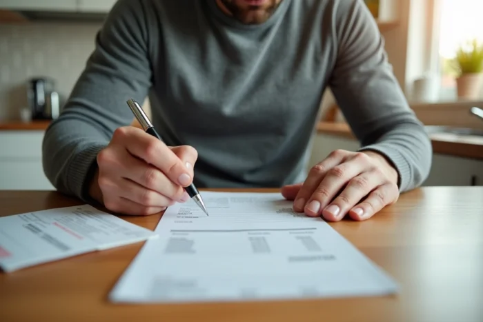 Homme remplissant un chèque différé à domicile avec des tickets de caisse Cora sur la table