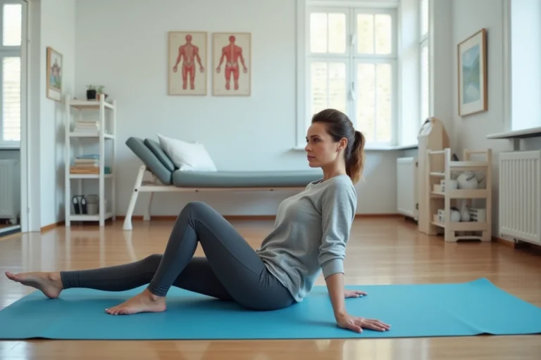 Femme effectuant un exercice de bascule du bassin sur un tapis de rééducation dans une clinique de physiothérapie après une fracture du sacrum