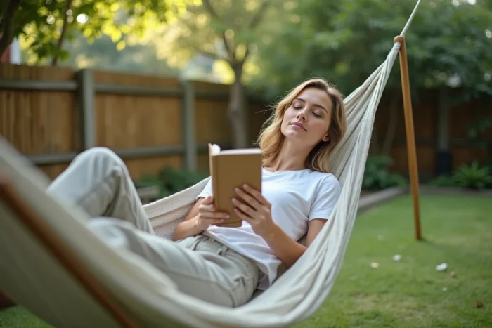 Femme allongée dans un hamac dans un jardin, se reposant sereinement sans culpabilité après un burn-out