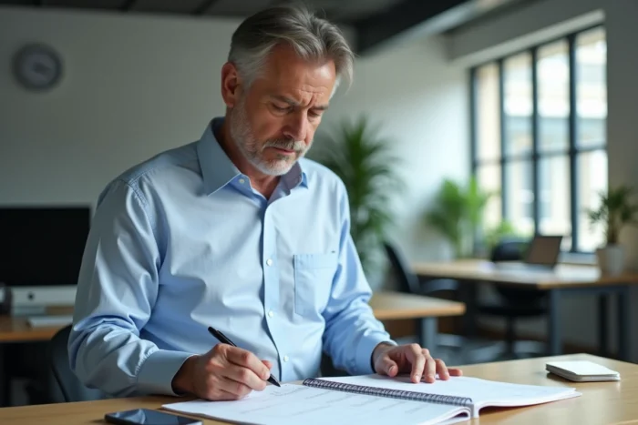 Un homme consultant un planning hebdomadaire à son bureau, organisant son retour progressif au travail après un burn-out
